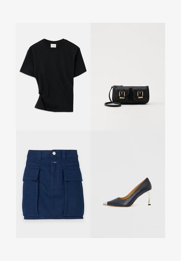 Must musta pehmeast puuvillast, millel on ümar kaelus, lühikesed varrukad ja kergelt keeratud disain, et tagada mugav istuvus.; Tume sinine teksaseelik, millel on kaks suurt esikotti, metallnupp ja sirge lõige. Kergelt tekstureeritud kangas.; Tumesinise nahast kõrgete kontsadega king, millel on terav nina, hõbedase metallist otsikuga ja läikiva hõbedase tikkkontsaga.; Must küllastamata nahast õlakott, millel on kaks esist nähtavat taskut, kuldsed pandlad, tõmblukuga sulgemine ja peen rihm. Tekstuuriga pind ja kompaktne ristkülikukujuline kuju.