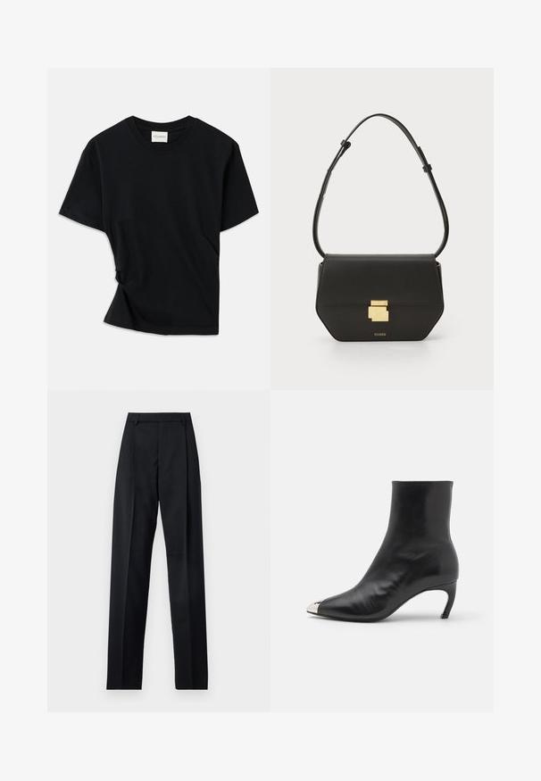 Black t-shirt made of soft cotton, featuring a crew neckline, short sleeves, and a slightly twisted design for a relaxed fit.; Black trousers made from smooth fabric featuring a high waist, wide legs, front pleats, and classic belt loops. No side pockets visible.; Iro JOLIMET - Classic ankle boots - glossy black; CLOSED CLOSED ONE - Cross body bag - black