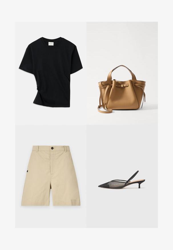 Sort t-shirt lavet af blødt bomuld, med rund halsudskæring, korte ærmer og et let skrået design for en afslappet pasform.; Beige bomuldsbukser med en almindelig pasform, knaplukning, sidelommer og subtile syninger. Glat tekstur og knælangt design.; NEOUS IRENA - Pumps - black; Tory Burch ROMY PEBBLED SATCHEL - Håndtasker - tiramisu