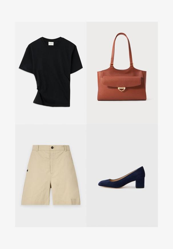T-shirt noir en coton doux, doté d'un col rond, de manches courtes et d'un design légèrement torsadé pour une coupe décontractée.; Shorts en coton beige avec une coupe regular, fermeture à bouton, poches latérales et détails de couture subtils. Texture lisse et design à mi-genou.; Escarpin en daim bleu marine avec un bout pointu et un talon bloc de hauteur intermédiaire. Texture lisse avec un subtil éclat et une petite découpe à l'avant.; Sac à fourre-tout en cuir marron avec de longues poignées, poche à rabat à l'avant et fermoir en forme de cœur doré gravé "Love Moschino".