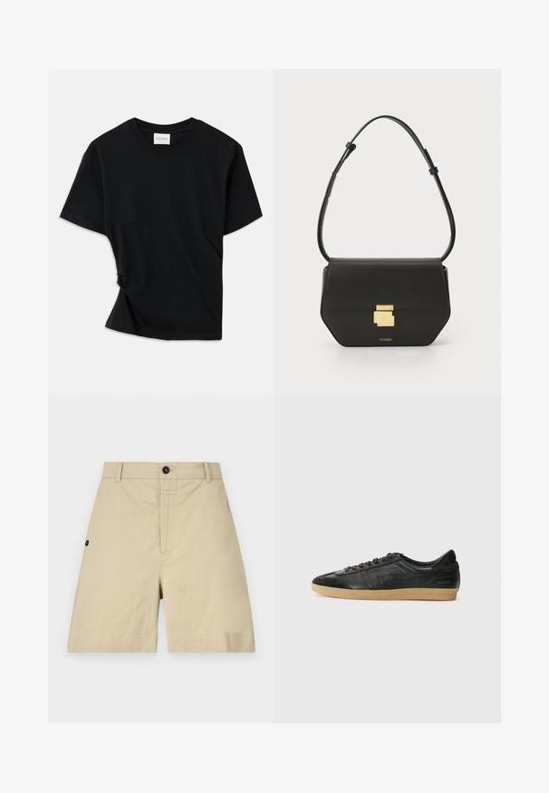 Black t-shirt made of soft cotton, featuring a crew neckline, short sleeves, and a slightly twisted design for a relaxed fit.; Beige cotton shorts featuring a regular fit, button closure, side pockets, and subtle stitching details. Smooth texture and knee-length design.; Black leather sneaker with suede accents, round toe, gum rubber sole, flat laces, and stitched detailing. Features brand logo on heel.; CLOSED CLOSED ONE - Cross body bag - black