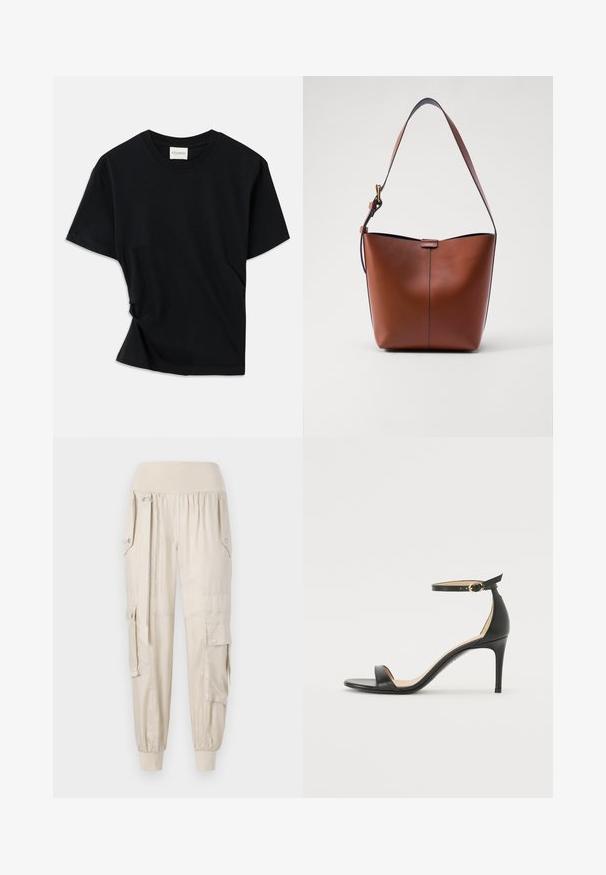 Zwarte t-shirt van zachte katoen, met een ronde hals, korte mouwen en een licht gedraaide stijl voor een ontspannen pasvorm.; Beige cargo broek met elastische tailleband, taps toelopende boorden, zijzakken en knoopdetails. Gemaakt van lichtgewicht stof met een gladde textuur.; Zwarte leren hoge hak sandaal met enkelbandje. Heeft een gladde textuur, open teen en een dunne hak. Gouden gesp detail.; Bruine leren schoudertas met een gebogen vorm, gladde textuur en een enkele dunne schouderband. Heeft een subtiele naad en een klein logo-detail.