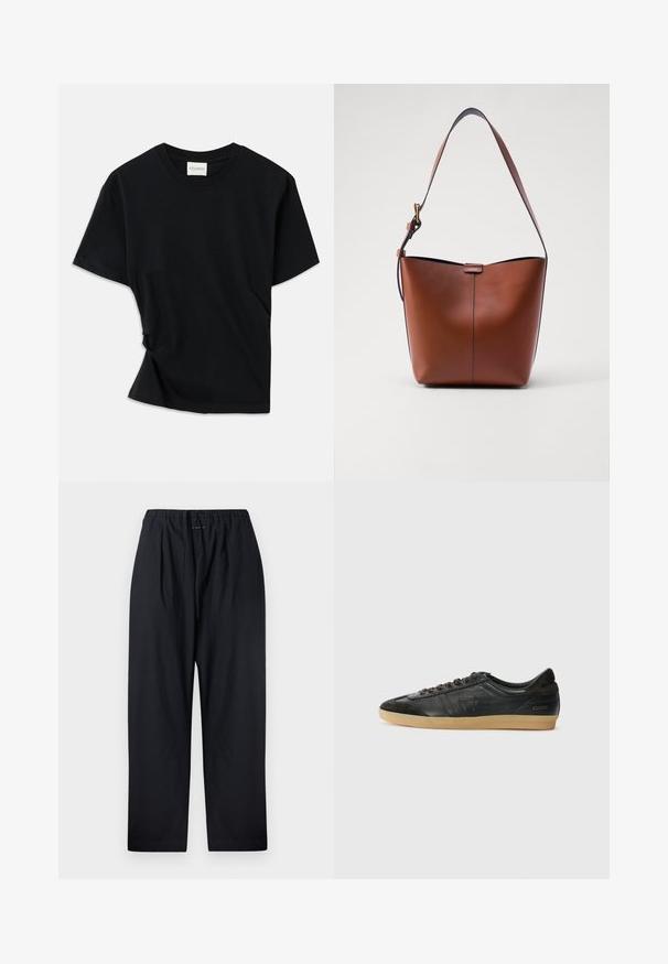 Fekete póló, puha pamutból készült, kerek nyakkivágással, rövid ujjakkal és enyhén csavart kialakítással, amely lazább illeszkedést biztosít.; Fekete, laza szabású nadrág, könnyű anyagból készült, rugalmas derékkal és zsinórral, egyenes szárú kialakítással.; Fekete bőr sneaker velúrrészekkel, kerek orr, gumi talp, lapos fűzők és varrott részletezés. Jellemzője a márka logója a sarokon.; Barna bőr válltáska ívelt formával, sima felülettel és egy vékony pánttal. Diszkrét varrással és kis logóval rendelkezik.