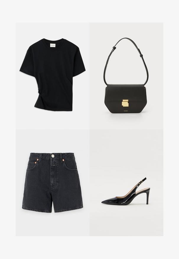 Čierne tričko vyrobené z mäkkej bavlny, s okrúhlym výstrihom, krátkymi rukávmi a mierne skrúteným dizajnom pre pohodlný strih.; CLOSED JANEY - Denimové šortky - dark grey; Čierne lakované kožené slingback lodičky s špicatou špičkou, štíhlým podpätkom a jemným výrezom. Obsahuje zlatú pracku na remienku.; CLOSED CLOSED ONE - Taška cez plece - black