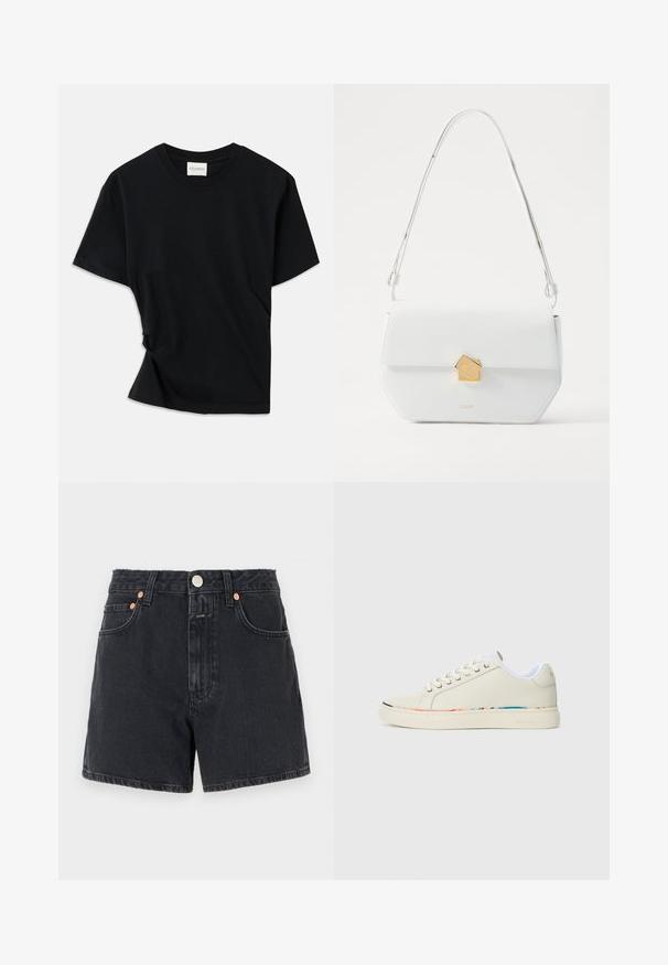 Camiseta negra hecha de algodón suave, con cuello redondo, mangas cortas y un diseño ligeramente retorcido para un ajuste relajado.; CLOSED JANEY - Shorts vaqueros - dark grey; Zapatilla baja en color blanco roto con diseño de cordones, forro interior blanco y un sutil borde multicolor a lo largo del borde de la suela, vista lateral.; Bolso de hombro de cuero blanco con un cierre geométrico dorado, diseño plano y correa alargada. Presenta líneas limpias y una textura pulida.