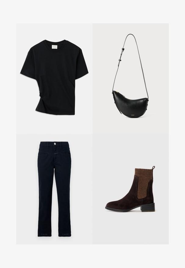 Crna majica s kratkim rukavima izrađena od mekog pamuka, s okruglim izrezom i blago zakrivljenim dizajnom za opušteni izgled.; Navy plave hlače od rastezljivog pamuka sa ravnim krojem, prednjim džepovima i kopčanjem na dugme u struku.; Smeđe antilop čizme do gležnja s teksturiranim smeškim rebrastim gornjim delom, glatkom završnom obradom, niskim blok petom i rupicom na peti za lakše obuvanje.; Crna kožna torba s zaobljenim oblikom i jednim prilagodljivim remenom. Ima zatvaranje na patentni zatvarač i minimalno zlatno hardver.