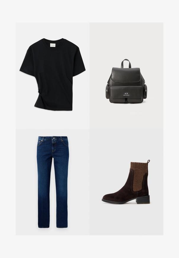 Juodas marškinėlis, pagamintas iš minkštos medvilnės, su apvalia iškirpte, trumpomis rankovėmis ir šiek tiek sukurtu dizainu, užtikrinančiu laisvą prigludimą.; Tamsiai mėlynos džinsinės kelnės su tiesiu kirpimu, turinčios klasikinį diržą, penkis kišenes ir subtilius siuvimo akcentus ant siūlių.; Rudos zomšu kulkšnės auliniai batai su tekstūruotu rudu ribotu mezginiu viršumi, glotnia paviršiumi, žemu blokuotu kulnu ir kilpeliu ant kulno, kad būtų patogu užsimauti.; Juodas odinis kuprinė su uždengimu, priekinė kišenė, šoninės užtrauktukų kišenės ir viršutinė rankena. Priekyje yra logotipo detalizavimas.