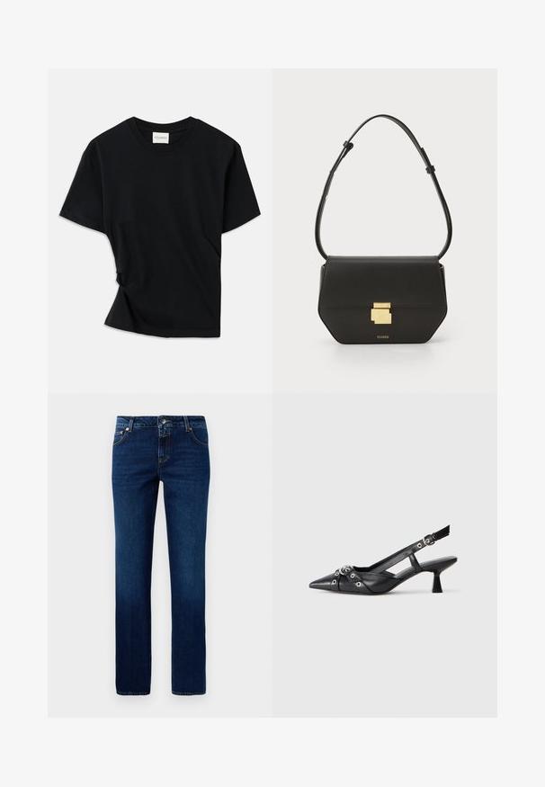 Fekete póló, puha pamutból készült, kerek nyakkivágással, rövid ujjakkal és enyhén csavart kialakítással, amely lazább illeszkedést biztosít.; Sötétkék farmernadrág egyenes szárú fazonnal, klasszikus derékrésszel, öt zsebbel és diszkrét varrási részletekkel az illesztéseken.; Fekete bőr slingback cipő hegyes orral, dekoratív pántokkal, fém szemekkel és alacsony blokk sarkú. Texturált felület.; CLOSED CLOSED ONE - Keresztpántos táska - black