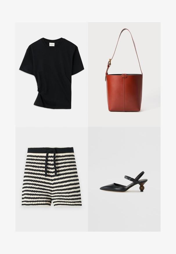 Černé tričko vyrobené z měkké bavlny, s klasickým kulatým výstřihem, krátkými rukávy a mírně zkrouceným designem pro pohodlný střih.; CLOSED Šortky - black; Černé kožené sandály s úzkým páskem kolem kotníku, špičatou špičkou, zakřiveným designem a kulatým podpatkem připomínajícím dřevo.; Hnědá kožená kabelka ve tvaru kbelíku s nastavitelným ramenním popruhem a zlatým přezkovým zapínáním, jednoduchý vertikální šev na přední straně.