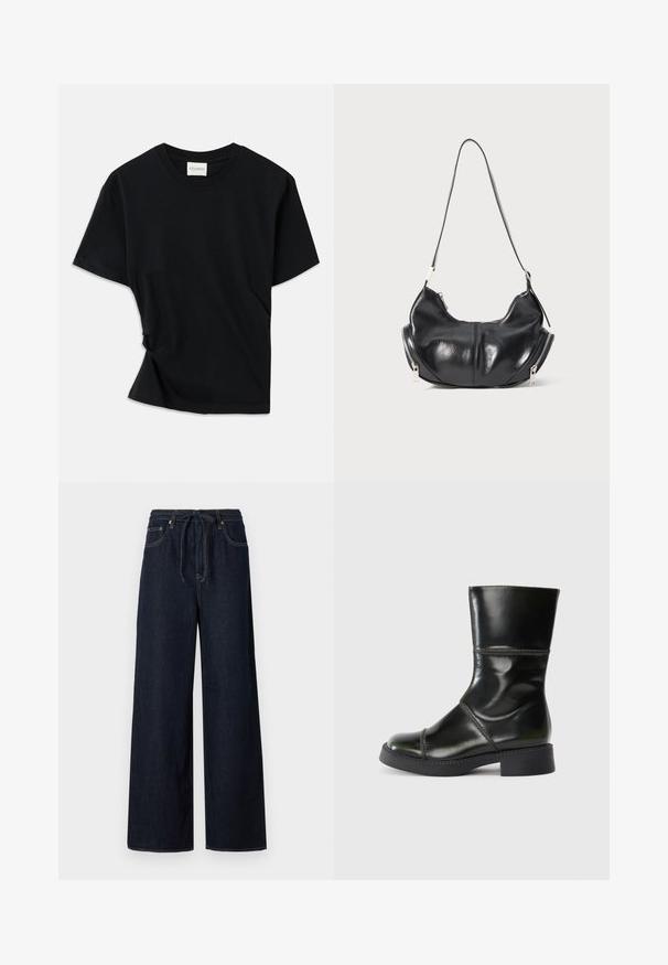 Zwarte t-shirt van zachte katoen, met een ronde hals, korte mouwen en een licht gedraaide stijl voor een ontspannen pasvorm.; Donkerblauwe wijduitlopende denim broek met een trekkoord in de taille, standaard vijf zakken ontwerp en contrasterende stiksels.; Zwarte leren enkelboot met een ronde neus, een gladde afwerking, contrasterende stiksels en een blokhak, met een licht taps toelopend silhouet.; Zwarte leren schoudertas in de vorm van een halve maan met zilveren ritsen aan beide kanten en een enkele strap.