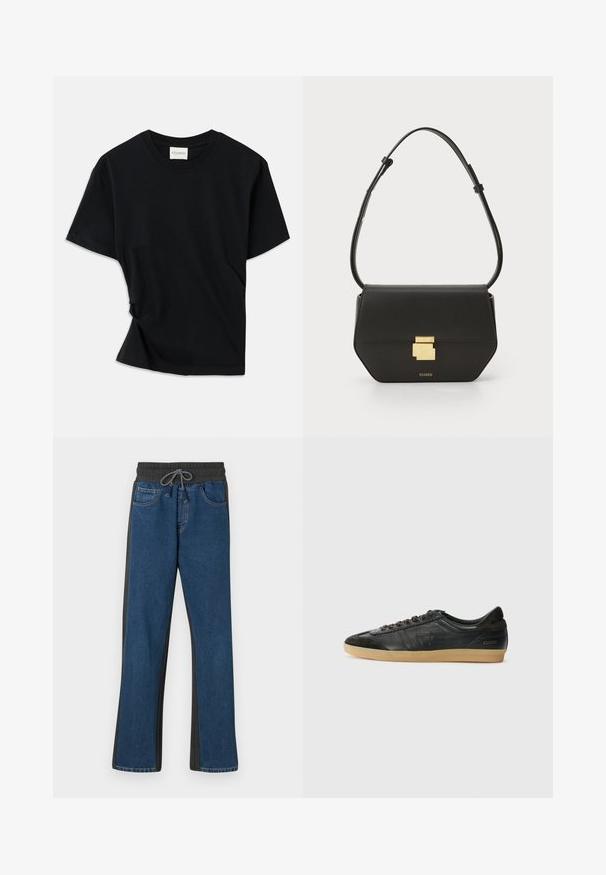 Crna majica s kratkim rukavima izrađena od mekog pamuka, s okruglim izrezom i blago zakrivljenim dizajnom za opušteni izgled.; Traperice-jogging hlače s plavim prednjim dijelom, sivim bočnim panelima, elastičnom trakicom u struku te klasičnim dizajnom s pet džepova.; Crne kožne tenisice s nubuk naglascima, okrugli vrh, gumeni potplat, ravne vezice i šivani detalji. Sadrži logotip brenda na peti.; CLOSED CLOSED ONE - Torba preko tijela - black