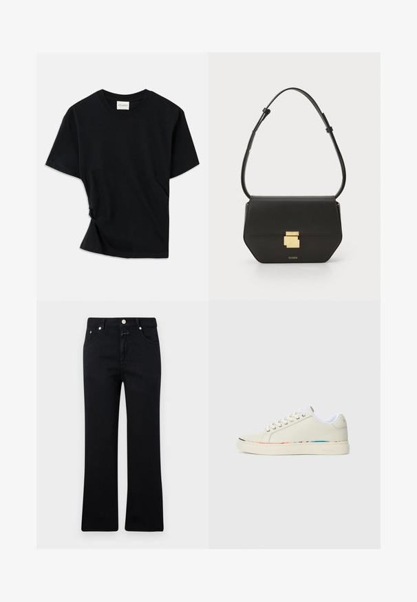 Černé tričko vyrobené z měkké bavlny, s klasickým kulatým výstřihem, krátkými rukávy a mírně zkrouceným designem pro pohodlný střih.; Černé džíny se střihovým designem rovného kroje, v pěti kapsách, s metalovými detaily a měkkou denimovou texturou. Minimalistické a jednobarevné.; Nízké tenisky v off-white barvě s šněrováním, bílým vnitřním podšíváním a jemným vícebarevným lemem podél okraje podešve, boční pohled.; CLOSED CLOSED ONE - Taška s příčným popruhem - black