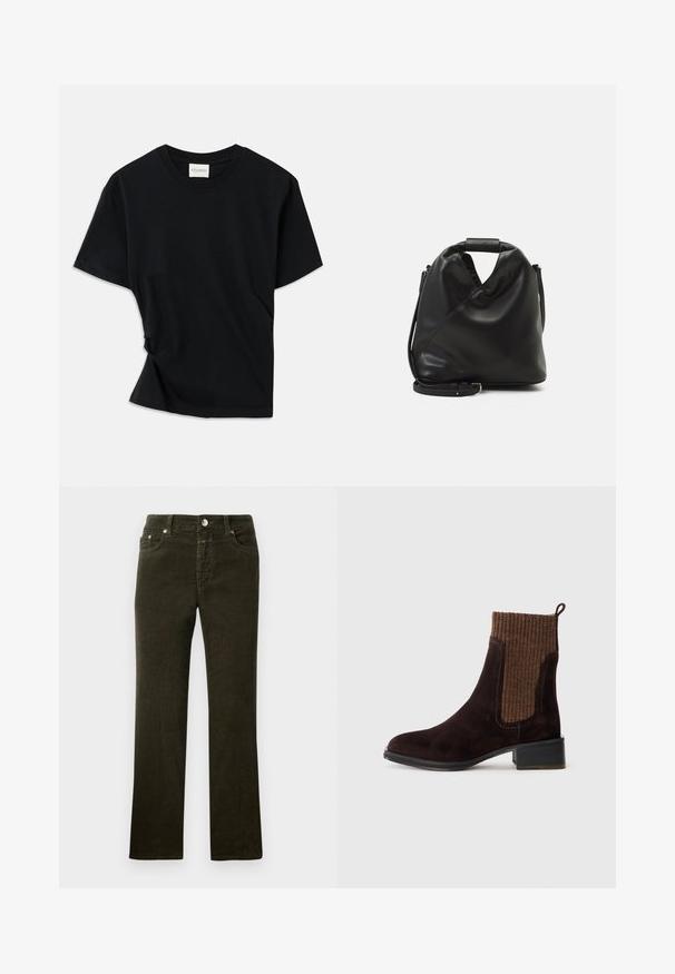 Czarny t-shirt wykonany z miękkiej bawełny, z okrągłym dekoltem, krótkimi rękawami i lekko skręconym fasonem zapewniającym luźny krój.; Proste nogawki, ciemnooliwkowe spodnie z korduroju z pięcioma kieszeniami, metalowym guzikiem i zamkiem błyskawicznym. Miękka tekstura z widocznym wzorem korduroju.; Brązowy zamszowy botek do kostki z teksturowanym, brązowym, prążkowanym materiałem górnym, gładkim wykończeniem, niskim słupkowym obcasem i pętlą przy pięcie ułatwiającą zakładanie.; Czarna, miękka skórzana torba o unikalnym skręconym wzorze. Posiada krótki uchwyt oraz odpinany pasek na ramię. Styl minimalistyczny.