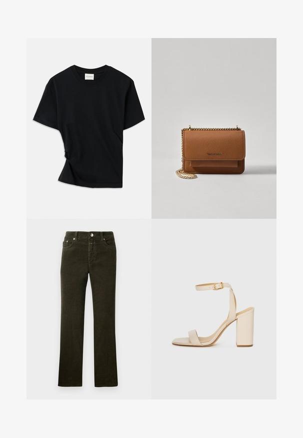 Zwarte t-shirt van zachte katoen, met een ronde hals, korte mouwen en een licht gedraaide stijl voor een ontspannen pasvorm.; Rechtafstaande, donker olijfgroene corduroy broek met een vijf-pocket ontwerp, metalen knoop en ritssluiting. Zachte textuur met zichtbaar ribpatroon.; Beige hoge hakken sandaal met een vierkante neus, dunne enkelband en blokhak. Gladde leren textuur met een gouden sluiting.; Bruine lederen schoudertas met textuur, voorzien van een gouden kettingstrap en klepsluiting. De voorkant heeft een logo-detail en een zak onder de klep.