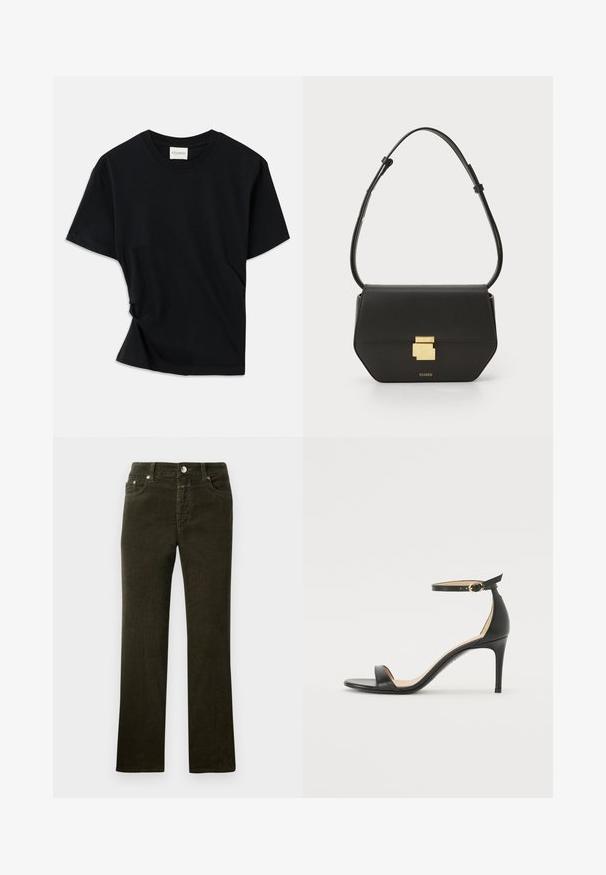 Schwarzes T-Shirt aus weicher Baumwolle mit Rundhalsausschnitt, kurzen Ärmeln und einem leicht gedrehten Design für eine lockere Passform.; Gerade geschnittene, dunkelolivgrüne Cordhosen mit einem Fünf-Taschen-Design, Metallknopf und Reißverschluss. Weicher Stoff mit sichtbarem Rippmuster.; Schwarze Leder-high-heeled Sandale mit Knöchelriemen. Verfügt über eine glatte Textur, offene Zehen und einen dünnen Absatz. Goldfarbener Schnallenakzent.; CLOSED CLOSED ONE - Umhängetasche - black