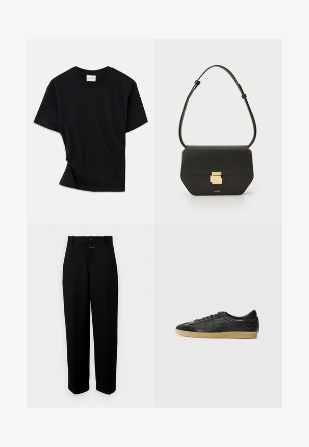 Zwarte t-shirt van zachte katoen, met een ronde hals, korte mouwen en een licht gedraaide stijl voor een ontspannen pasvorm.; Zwarte broek gemaakt van een gladde stof, met een knoopsluiting, ceintuurlussen en een recht model.; Zwarte leren sneaker met suède accenten, ronde neus, gumrubberen zool, platte veters en gestikte details. Heeft het merklogo op de hiel.; CLOSED CLOSED ONE - Schoudertas - black