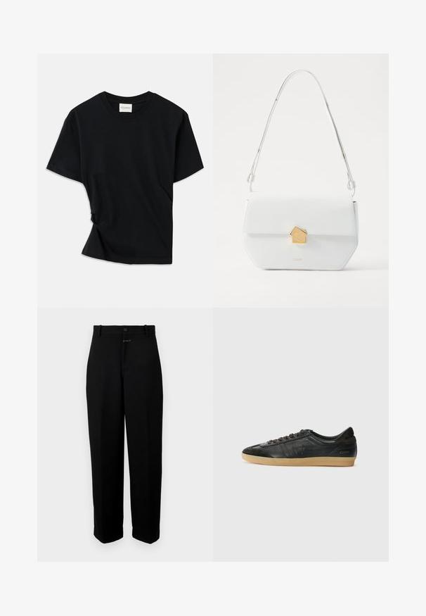 Melnā T-krekls, izgatavots no mīksta kokvilnas, ar apaļu izgriezumu, īsām piedurknēm un nedaudz izlocītu dizainu, kas nodrošina brīvu piegulšanu.; Melni bikses, kas izgatavotas no gludas auduma, ar pogu aizdari, jostu cilpiņām un taisnajiem kāju griezumiem.; Melnas ādas tenisa kurpes ar zamša akcentiem, apaļi purngali, gumijas zoles, līdzenas šnīres un izšuvumi. Iekļauts zīmola uzraksts uz papēža.; Balta ādas plecu soma ar ģeometrisku zelta sprādzi, plakana dizaina un gara siksna. Iezīmē tīras līnijas un pulētu tekstūru.