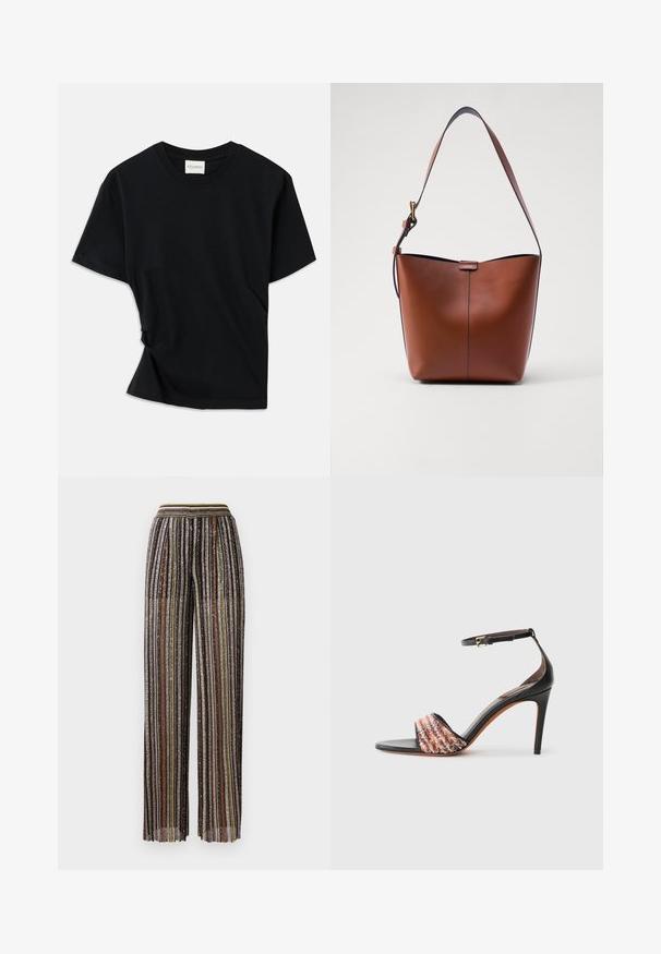 Black t-shirt made of soft cotton, featuring a crew neckline, short sleeves, and a slightly twisted design for a relaxed fit.; Pleated wide-leg trousers with multicolored metallic stripes, featuring a black base and an elastic waistband with a striped design.; Black heeled sandal with an ankle strap. Features a textured, multicolored fabric band across the toe. Smooth leather finish.; Brown leather shoulder bag with a curved shape, smooth texture, and a single thin strap. Features a subtle seam and a small logo detail.