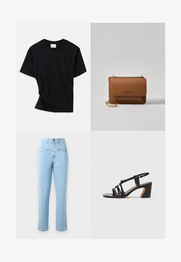 Tricou negru din bumbac moale, cu guler rotund, mâneci scurte și un design ușor răsucit pentru o potrivire confortabilă.; Blugi din denim ușor, cu talie înaltă, de culoare albastră, cu buzunare frontale, închidere cu nasture și fermoar, și croială dreaptă.; Paul Smith AMIRA - Pantofi clasici cu toc - black; Geantă crossbody din piele texturată maro, cu curea din lanț aurit și închidere cu clapetă. Partea din față prezintă detalii cu logo și o buzunar sub clapetă.