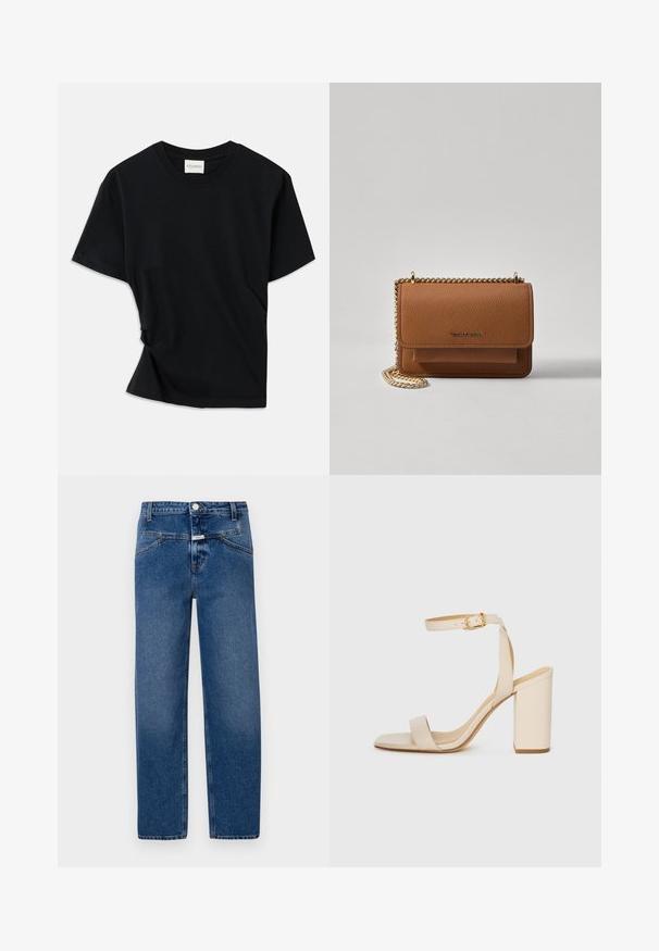 Must musta pehmeast puuvillast, millel on ümar kaelus, lühikesed varrukad ja kergelt keeratud disain, et tagada mugav istuvus.; Sinine denim teksad sirge lõikega, viie taskuga, nööp ja lukk, ning kerge pleekimisega tekstuuri lisamiseks.; Beez värvi kõrge kontsaga sandaal ruudukujulise varba, peene pahkluu rihma ja plokknupuga. Sile nahk текстuur kuldse pandlaga detailiga.; Pruun tekstureeritud nahk ristkeha kott kuldse ahelaga rihmaga ja klapiga sulgemine. Esiküljel on logo detail ja tasku klapi all.