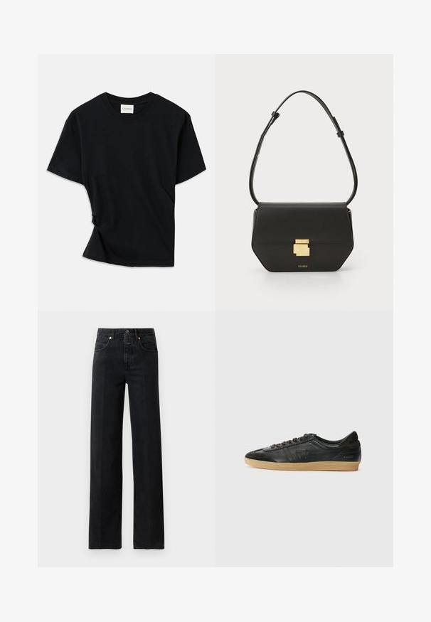 Black t-shirt made of soft cotton, featuring a crew neckline, short sleeves, and a slightly twisted design for a relaxed fit.; Black denim jeans with a straight-leg fit. Features five pockets, a button closure, and minimal stitching details. Classic design.; Black leather sneaker with suede accents, round toe, gum rubber sole, flat laces, and stitched detailing. Features brand logo on heel.; CLOSED CLOSED ONE - Cross body bag - black