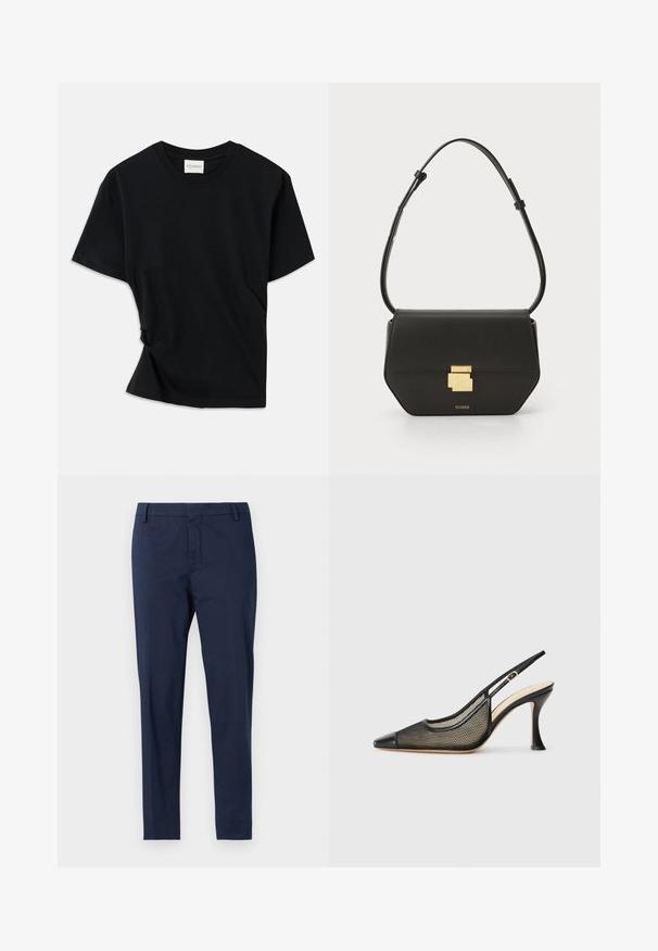 Črno majico iz mehkega bombaža odlikuje okrogla izreza, kratki rokavi in nekoliko zvit dizajn za sproščen fit.; Modre prilagojene hlače s ravnim krojem. Imajo ravno sprednjo zasnovo brez vidnih žepov in gladko teksturo.; Črne slingback visoke petke z ostrim nosom, mrežastim detajlom in gladkim usnjenim pokrovom. Barve vključujejo črne in bež poudarke.; CLOSED CLOSED ONE  - Torba čez telo - black