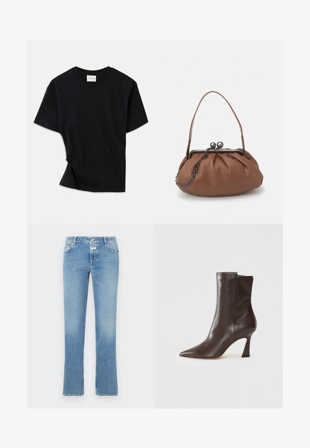 Camiseta negra hecha de algodón suave, con cuello redondo, mangas cortas y un diseño ligeramente retorcido para un ajuste relajado.; Vaqueros de mezclilla azul con un diseño de pierna recta, cintura de subida media, cinco bolsillos y un ligero desgaste en toda la tela.; Bota de cuero marrón oscuro de media caña con punta afilada, tacón curvado y delgado, y acabado suave sobre un fondo blanco.; Bolso de cuero marrón con un diseño gather, una asa corta de cuero y una correa de cadena. Presenta un cierre de metal plateado con dos acentos redondos.