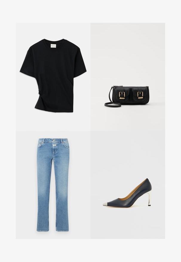 Melnā T-krekls, izgatavots no mīksta kokvilnas, ar apaļu izgriezumu, īsām piedurknēm un nedaudz izlocītu dizainu, kas nodrošina brīvu piegulšanu.; Zilas džinsu bikses ar taisnu kāju dizainu, vidēju vidukli, piecām kabatām un maigu izbalēšanu pa visu audumu.; Tumši zila ādas augstpapēžu kurpe ar smailu purngalu, kas izceļas ar sudrabotu metālisku uzgali un spīdīgu sudraba stilettos papēdi.; Melnas ādas crossbody soma ar divām priekšējām kabatām, zelta sprādzēm, ar rāvējslēdzēju aizdari un šauru siksnu. Strukturēta virsma un kompakta taisnstūra forma.