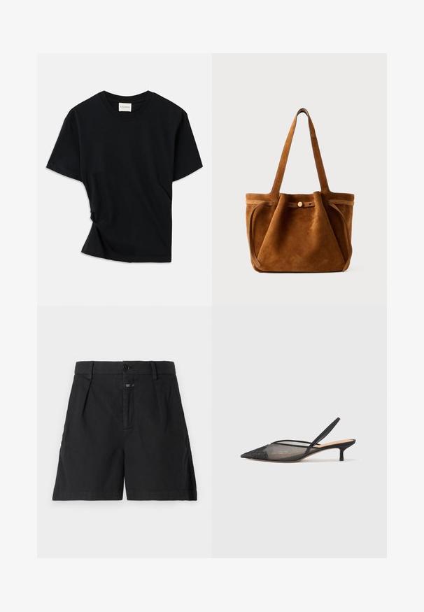 Musta t-paita, joka on valmistettu pehmeästä puuvillasta. Siinä on pyöreä pääntie, lyhyet hihat ja hiukan kiertyneenä oleva muotoilu, joka takaa rentotun fit.; CLOSED REVYL - Shortsit - black; NEOUS IRENA - Avokkaat - black; Ruskea samettinen kantolaukku, jossa on kaksinkertaiset kahvat, nappikiinnitys ja rento, hieman lörpähtänyt muoto.