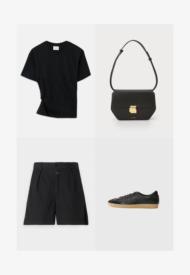 Must musta pehmeast puuvillast, millel on ümar kaelus, lühikesed varrukad ja kergelt keeratud disain, et tagada mugav istuvus.; CLOSED REVYL - Lühikesed teksad - black; Must musta tossud suede detailidega, ümar nina, kummine tallas, sirged paelad ja tikitud detailid. Omab brändi logo kontsapaneelil.; CLOSED CLOSED ONE - Ülerinna-kott - black