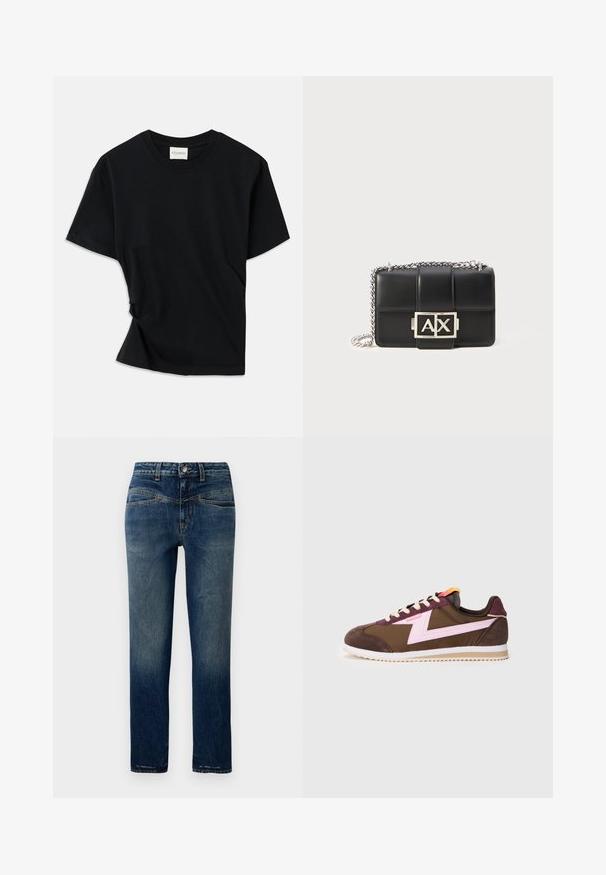 Fekete póló, puha pamutból készült, kerek nyakkivágással, rövid ujjakkal és enyhén csavart kialakítással, amely lazább illeszkedést biztosít.; Sötétkék farmernadrág egyenes szabással, világos kopásokkal, narancs varrással és gombos derékzárral.; Barna és lila sportcipő, rózsaszín dizájn akcentussal, velúr és textil anyagokból, lapos fűzőkkel és kontrasztos fehér talppal.; Fekete bőr kézitáska steppelt dizájnnal, ezüst lánccal, és egy kiemelkedő ezüst "AX" logóval az elején. Kompakt, téglalap alakú.