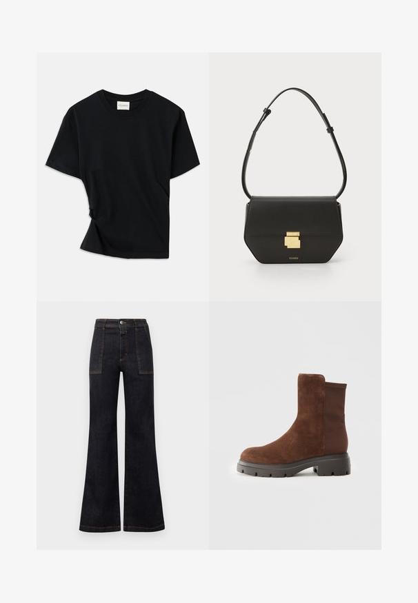 Fekete póló, puha pamutból készült, kerek nyakkivágással, rövid ujjakkal és enyhén csavart kialakítással, amely lazább illeszkedést biztosít.; Felső csípőig érő, sötét farmernadrág, fodros szabással, narancssárga varratokkal és két elülső zsebbel. Sima textúra, tiszta kidolgozás, klasszikus dizájn.; Barna velúr bokacsizma, rugalmas oldalsó panelekkel, lekerekített orral és vastag gumitalppal, amelynek felszíne mintázott.; CLOSED CLOSED ONE - Keresztpántos táska - black