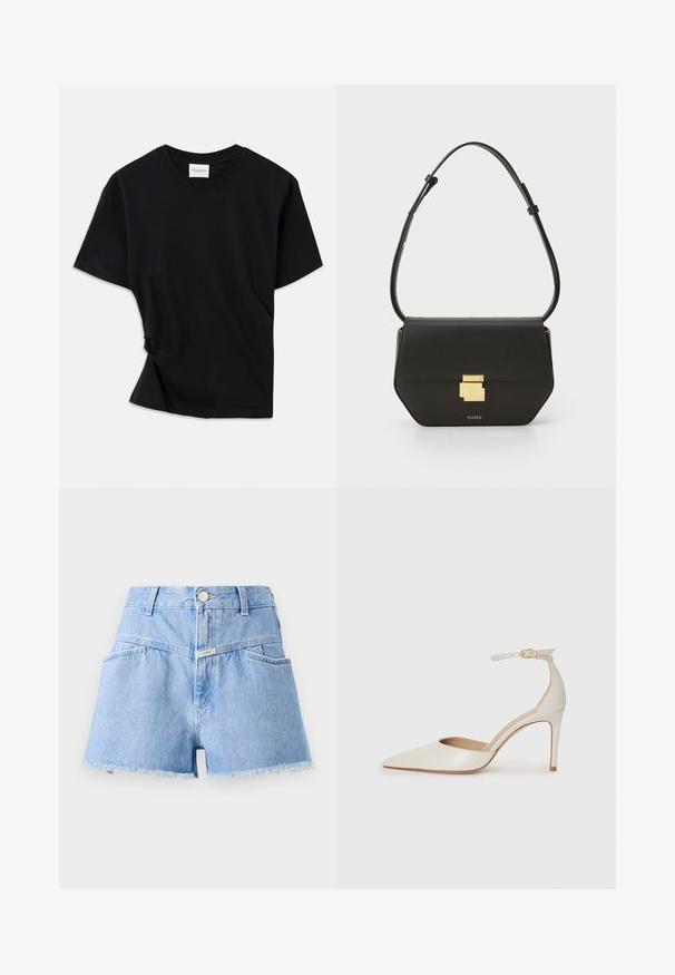 Černé tričko vyrobené z měkké bavlny, s klasickým kulatým výstřihem, krátkými rukávy a mírně zkrouceným designem pro pohodlný střih.; Svetle modré denimové šortky s vysokým pasem, třepeným lemem a pěti kapsami. Uvádějí stříbrný knoflík a malou značkovou etiketu vpředu.; Bílé kožené lodičky na vysokém podpatku s špičatou špičkou, kotníkovým páskem a štíhlým jehlovým podpatkem. Hladká textura s mírným lesklým povrchem.; CLOSED CLOSED ONE - Taška s příčným popruhem - black