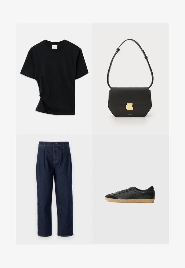 Juodas marškinėlis, pagamintas iš minkštos medvilnės, su apvalia iškirpte, trumpomis rankovėmis ir šiek tiek sukurtu dizainu, užtikrinančiu laisvą prigludimą.; Tamsiai mėlynos džinsinės kelnes su aukštu liemeniu, su priekinėmis raukšlėmis ir tiesiu kirpimu. Kontrastinės siūlės ir vieno mygtuko užsegimas.; Juodų odinių sportbačių su zomšos akcentais, apvaliu pirštu, guminėmis padangomis, plokščiomis raišteliais ir siūlės detalėmis. Ant kulno yra prekės ženklo logotipas.; CLOSED CLOSED ONE - Rankinė per petį - black