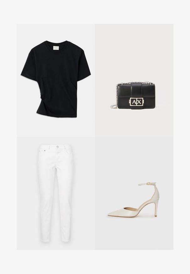 Fekete póló, puha pamutból készült, kerek nyakkivágással, rövid ujjakkal és enyhén csavart kialakítással, amely lazább illeszkedést biztosít.; Fehér farmernadrág karcsúsított fazonban, pamut keverék anyagból készült. Öt zsebbel, cipzáras nyitással és fémből készült gombos záródással rendelkezik.; Fehér bőr, magassarkú cipő hegyes orral, bokapánttal és vékony tűs sarkal. Simaszövet, finom fényes felülettel.; Fekete bőr kézitáska steppelt dizájnnal, ezüst lánccal, és egy kiemelkedő ezüst "AX" logóval az elején. Kompakt, téglalap alakú.