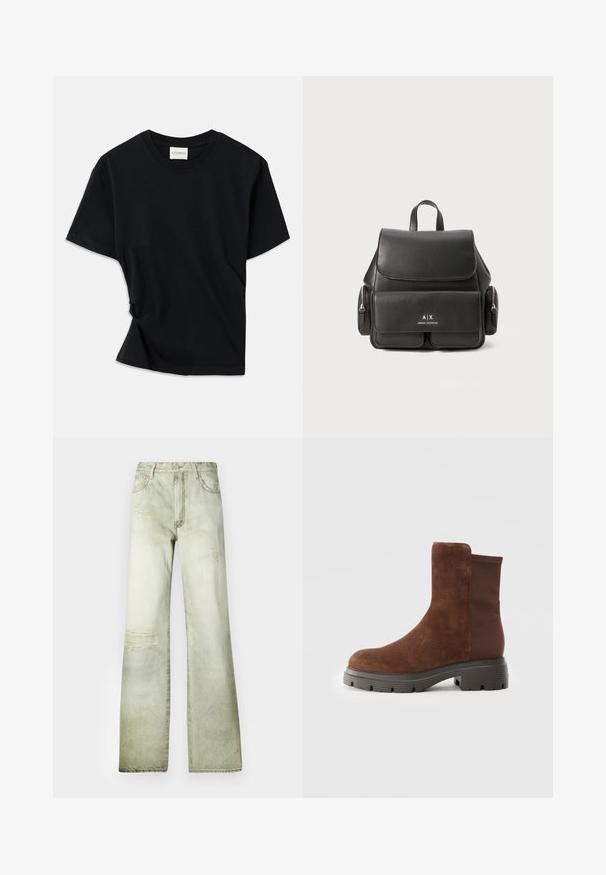 Black t-shirt made of soft cotton, featuring a crew neckline, short sleeves, and a slightly twisted design for a relaxed fit.; Faded green denim jeans with a high waist, wide leg cut, and distressed patches. Features a button closure and five pockets.; Brown suede ankle boot with elastic side panels, rounded toe, and a thick rubber sole featuring a textured tread pattern.; Black leather backpack with a flap closure, front pocket, side zipper compartments, and a top handle. Features logo detailing at the front.