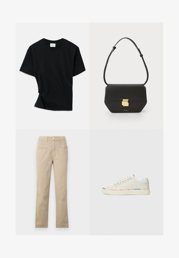 Črno majico iz mehkega bombaža odlikuje okrogla izreza, kratki rokavi in nekoliko zvit dizajn za sproščen fit.; Bež hlače iz bombaža s ravnim krojem, z zapiranjem na gumb spredaj, dvema sprednjima žepoma in subtilnimi detajli šivanja.; Off-white nizki športni copat z vezalnim dizajnom, belim notranjim oblogo in subtilnim večbarvnim obrobjem ob robu podplata, stranski pogled.; CLOSED CLOSED ONE - Torba čez telo - black