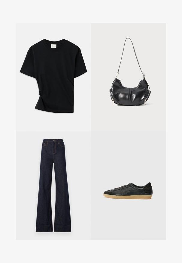 T-shirt preta feita de algodão macio, com decote redondo, mangas curtas e um design ligeiramente torcido para um ajuste descontraído.; Ksubi STRIDER CUFF ORIGINAL - Wide leg - blue denim; Sapatilhas de couro preto com detalhes em camurça, bico arredondado, sola de borracha de goma, atacadores planos e costuras decorativas. Apresenta o logótipo da marca no calcanhar.; Bolsa de ombro em forma de meia-lua em couro preto com fechos de metal prata de ambos os lados e uma única alça.