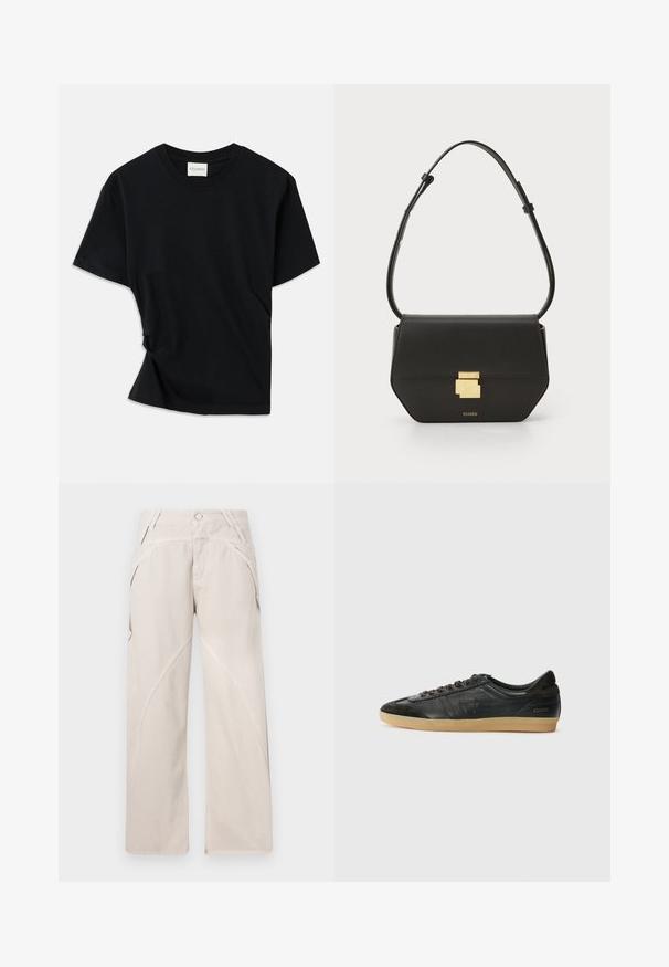 Melnā T-krekls, izgatavots no mīksta kokvilnas, ar apaļu izgriezumu, īsām piedurknēm un nedaudz izlocītu dizainu, kas nodrošina brīvu piegulšanu.; Beige plataj pāri bikses izgatavotas no kokvilnas maisījuma auduma, ar izliekto šuvju detaļām, pogu aizdari un sānu kabatām. Līdzena priekšpuses dizains.; Melnas ādas tenisa kurpes ar zamša akcentiem, apaļi purngali, gumijas zoles, līdzenas šnīres un izšuvumi. Iekļauts zīmola uzraksts uz papēža.; CLOSED CLOSED ONE - Plecu soma - black