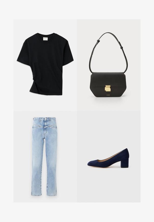 Juodas marškinėlis, pagamintas iš minkštos medvilnės, su apvalia iškirpte, trumpomis rankovėmis ir šiek tiek sukurtu dizainu, užtikrinančiu laisvą prigludimą.; Šviesiai mėlynos džinsinės kelnės su aukštu liemeniu ir tiesiu siluetu. Turintys subtilų įblukimą, standartinį penkių kišenių dizainą ir metalinį mygtuko užsegimą.; Tamsiai mėlynos zomšos bateliai su smailiu nykščiu ir vidutinio aukščio blokiniu kulnu. Lygi tekstūra su subtiliu blizgesiu ir mažas įpjovimas priekyje.; CLOSED CLOSED ONE - Rankinė per petį - black