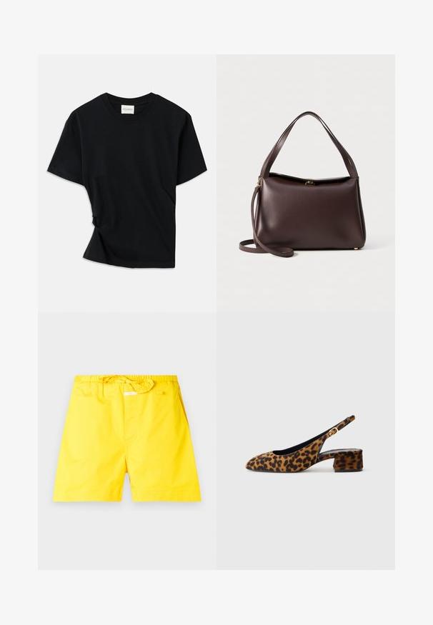 Tricou negru din bumbac moale, cu guler rotund, mâneci scurte și un design ușor răsucit pentru o potrivire confortabilă.; Pantaloni de baie galbeni cu talie elastică și șnur ajustabil. Prezintă o textură netedă și nu au modele sau accente vizibile.; Pantofii slingback pentru femei, cu imprimeu leopard, toc jos și cataramă aurie pe curea laterală, prezentați în profil lateral pe un fundal simplu.; Geantă din piele maro, cu o formă structurat, având un singur mâner superior și un curea de umăr detașabilă. Detalii din metal cu ton auriu.