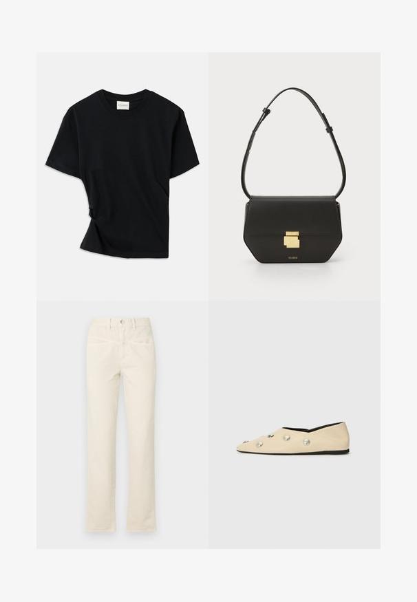 Μαύρη μπλούζα φτιαγμένη από μαλακό βαμβάκι, με στρογγυλή λαιμόκοψη, κοντά μανίκια και ελαφρώς στριμμένη σχεδίαση για χαλαρή εφαρμογή.; Μπεζ βαμβακερό παντελόνι με ίσια γραμμή, διαθέτοντας κλείσιμο με κουμπί και διακριτικές μπροστινές τσέπες. Το τελείωμα έχει λεπτομέρεια με ελαφριά ξήλωμα.; CLOSED Μπαλαρίνες - ecru; CLOSED CLOSED ONE - Τσάντα χιαστί - black