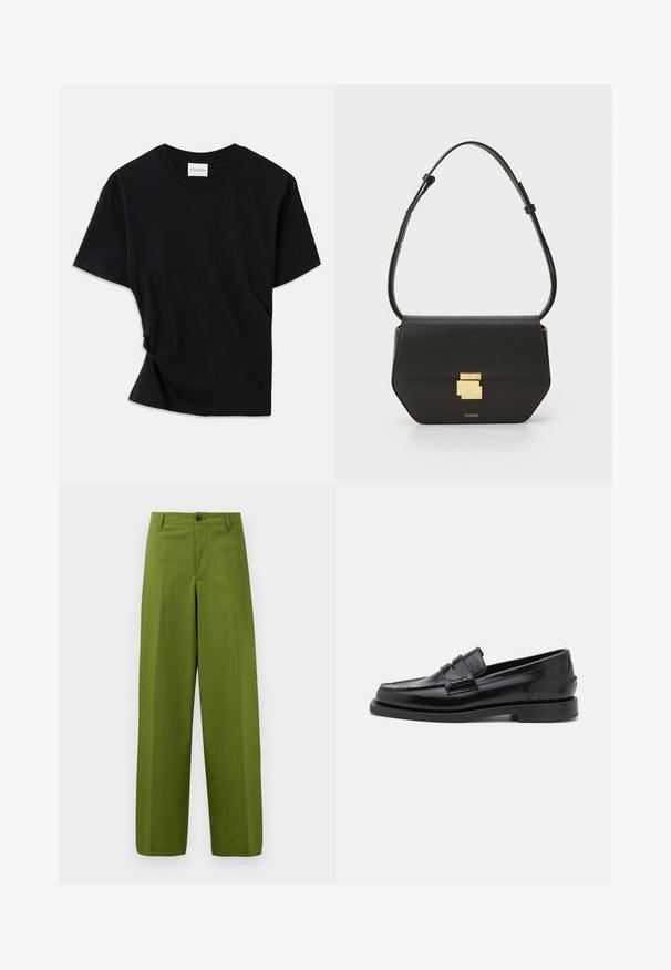 Μαύρη μπλούζα φτιαγμένη από μαλακό βαμβάκι, με στρογγυλή λαιμόκοψη, κοντά μανίκια και ελαφρώς στριμμένη σχεδίαση για χαλαρή εφαρμογή.; Πράσινες παντελόνες με φαρδιά γραμμή, φτιαγμένες από λείο ύφασμα. Διαθέτουν ένα κουμπί μπροστά και επίπεδο σχέδιο.; CLOSED LOAFER - Παπούτσια χωρίς κορδόνια - black; CLOSED CLOSED ONE - Τσάντα χιαστί - black
