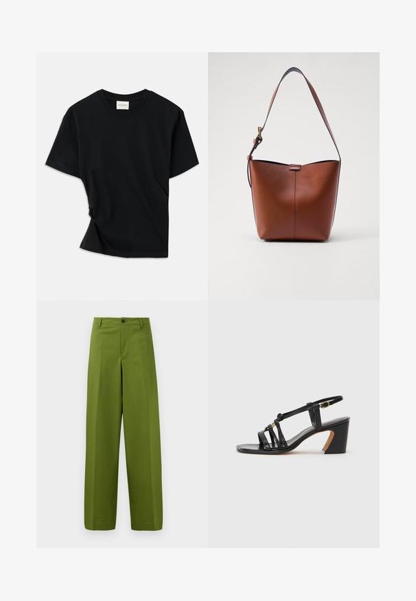Black t-shirt made of soft cotton, featuring a crew neckline, short sleeves, and a slightly twisted design for a relaxed fit.; Green wide-leg trousers made of smooth fabric. Features a single front button closure and a flat front design.; Paul Smith AMIRA - Classic heels - black; Brown leather shoulder bag with a curved shape, smooth texture, and a single thin strap. Features a subtle seam and a small logo detail.