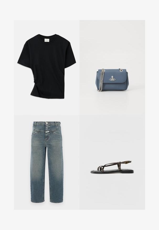 Svart t-skjorte laget av myk bomull, med rund hals, korte ermer og et lett vridd design for en avslappet passform.; CLOSED STOVER X - Jeans Tapered Fit - mid blue; Brune lær sandaler med kryssende stropper, justerbar ankelspenne, flat såle og en jevn tekstur på sålen.; Blå teksturert faux skinn håndveske med en sølvkjede stropp og en logodetalj foran. Knytelås med klaffdesign.