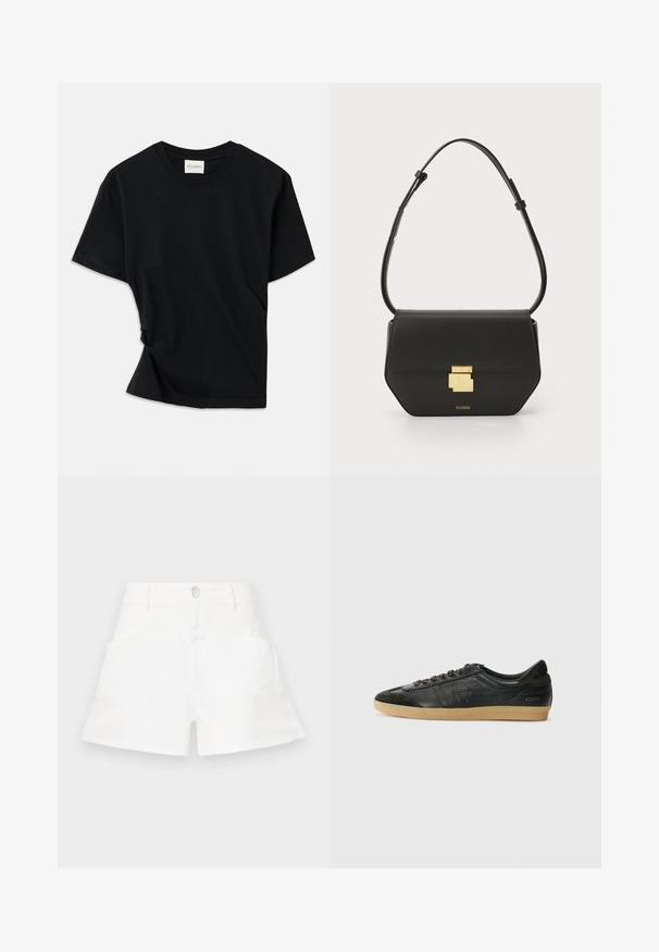 Fekete póló, puha pamutból készült, kerek nyakkivágással, rövid ujjakkal és enyhén csavart kialakítással, amely lazább illeszkedést biztosít.; CLOSED JOCY - Farmer rövidnadrágok - white; Fekete bőr sneaker velúrrészekkel, kerek orr, gumi talp, lapos fűzők és varrott részletezés. Jellemzője a márka logója a sarokon.; CLOSED CLOSED ONE - Keresztpántos táska - black