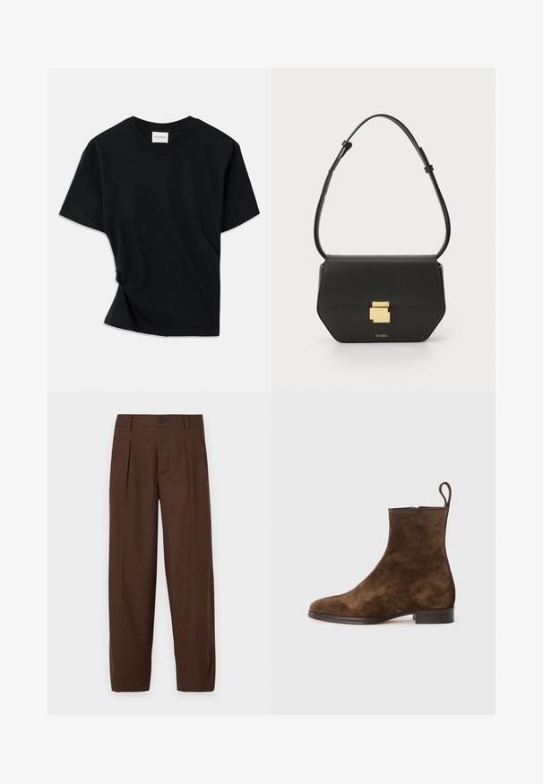 Melnā T-krekls, izgatavots no mīksta kokvilnas, ar apaļu izgriezumu, īsām piedurknēm un nedaudz izlocītu dizainu, kas nodrošina brīvu piegulšanu.; Brūnas plīša bikses ar taisnas kājas dizainu, ar priekšējo pogu aizdari un teksturētu audumu, piemērotas formālām setingām.; Brūnas zamša potītes ar gludu virsmu, noapaļotu purngalu un mazu papēdi. Aprīkotas ar aizmugurējo cilpu, kas nodrošina vieglu uzvilkšanu.; CLOSED CLOSED ONE - Soma ar siksnu pāri ķermenim - black