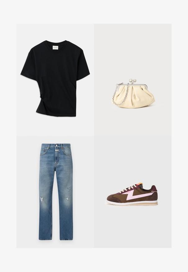 Černé tričko vyrobené z měkké bavlny, s klasickým kulatým výstřihem, krátkými rukávy a mírně zkrouceným designem pro pohodlný střih.; Světle modré džíny s volným střihem, obsahující prošívané nášivky a zipový uzávěr. Klasický pětikapsový design a rovné nohavice.; Hnědé a fialové tenisky s růžovým designovým akcentem, z textilních a semišových materiálů, plochými tkaničkami a kontrastní bílou podešví.; Plisovaná béžová kožená kabelka na psaní s rámem ze stříbrného kovu, vybavená dvěma kulatými dekorativními uzávěry a stříbrným řetízkem.