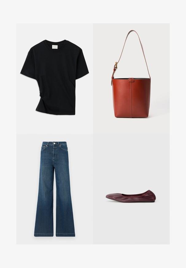 Juodas marškinėlis, pagamintas iš minkštos medvilnės, su apvalia iškirpte, trumpomis rankovėmis ir šiek tiek sukurtu dizainu, užtikrinančiu laisvą prigludimą.; Plačios kojų džinsai tamsiai mėlynos džinsinio audinio, su aukštu liemeniu, vario detalėmis ir švelniu dėvėjimu. Švarus apdailos kraštas be papildomų raštų.; Balerinai tamsiai burgundiško odos, su apvaliomis nosimis, elastingu kraštu ir lygiu paviršiumi, puošti subtiliais raukšlėmis.; Rudos odos kibirėlio tipo krepšys su reguliuojamu petiniu diržu ir auksinės spalvos sagtimi, priekyje paprasti vertikalūs siūlai.