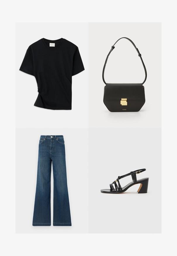 Tricou negru din bumbac moale, cu guler rotund, mâneci scurte și un design ușor răsucit pentru o potrivire confortabilă.; Jeans cu croială largă din denim albastru închis, având talie înaltă, elemente din cupru și decolorare subtilă. Margine curată fără modele suplimentare.; Paul Smith AMIRA - Pantofi clasici cu toc - black; CLOSED CLOSED ONE - Geantă crossbody - black